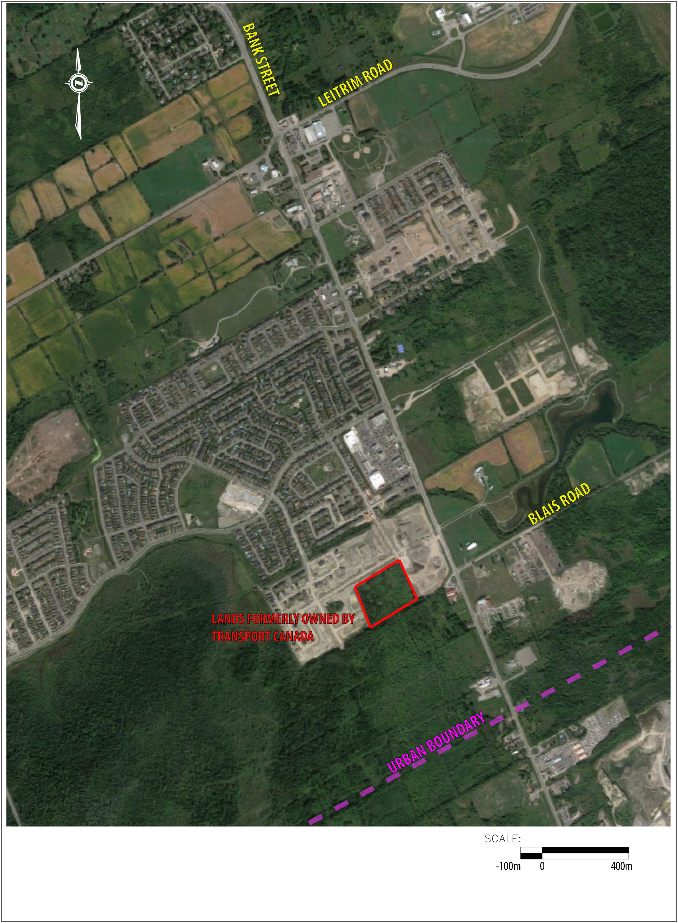 This image shows the intersection of Bank Street and Blais Road in south Ottawa. It is a vacant parcel and comprised of 10 acres (4.05 hectares) of land.